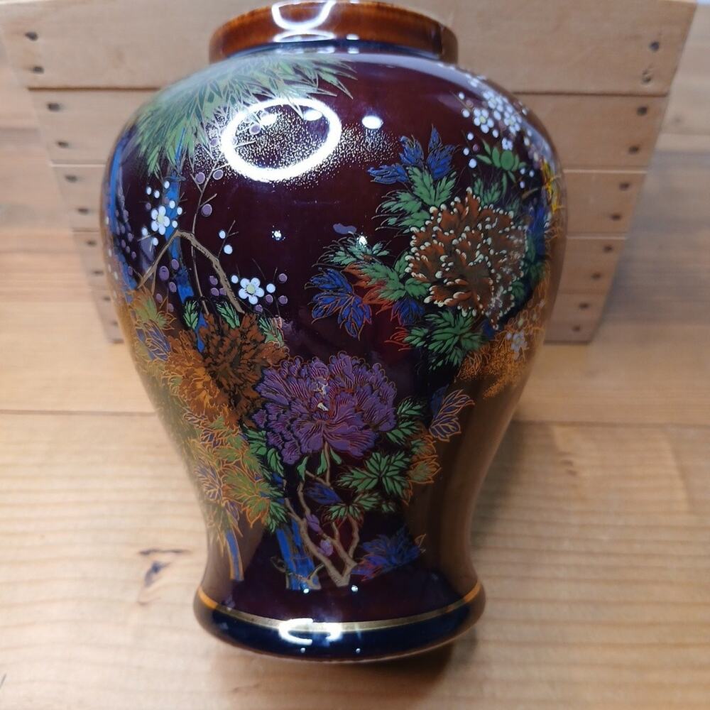 JAPANESE BROWN GOLD FLORAL HAND PAINTED VASE BAMBOO GLOSSY FINISH #27